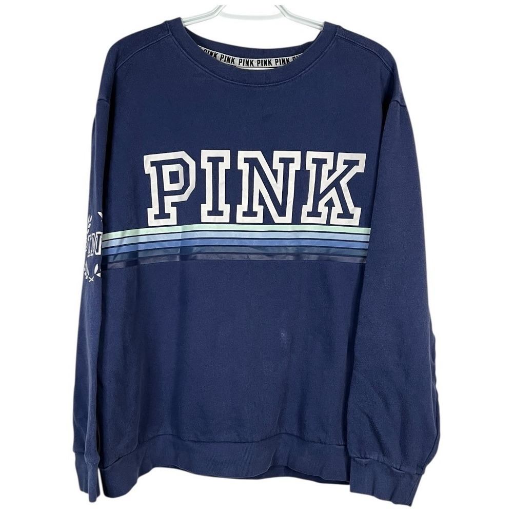 Victoria's Secret PINK Sweatshirt Navy Blue Striped Logo Pullover - Size  Large